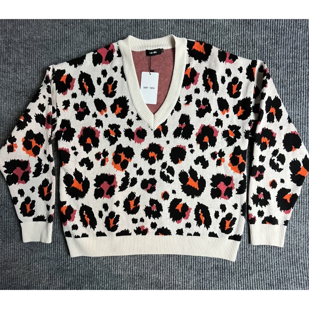 Saint & Sofia Sweater Women Large Ivory Leopard Print V-Neck Preppy Pullover NWT